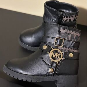 Michael Kors Toddler Girls Black/Gold MK logo Trim Ankle Boots